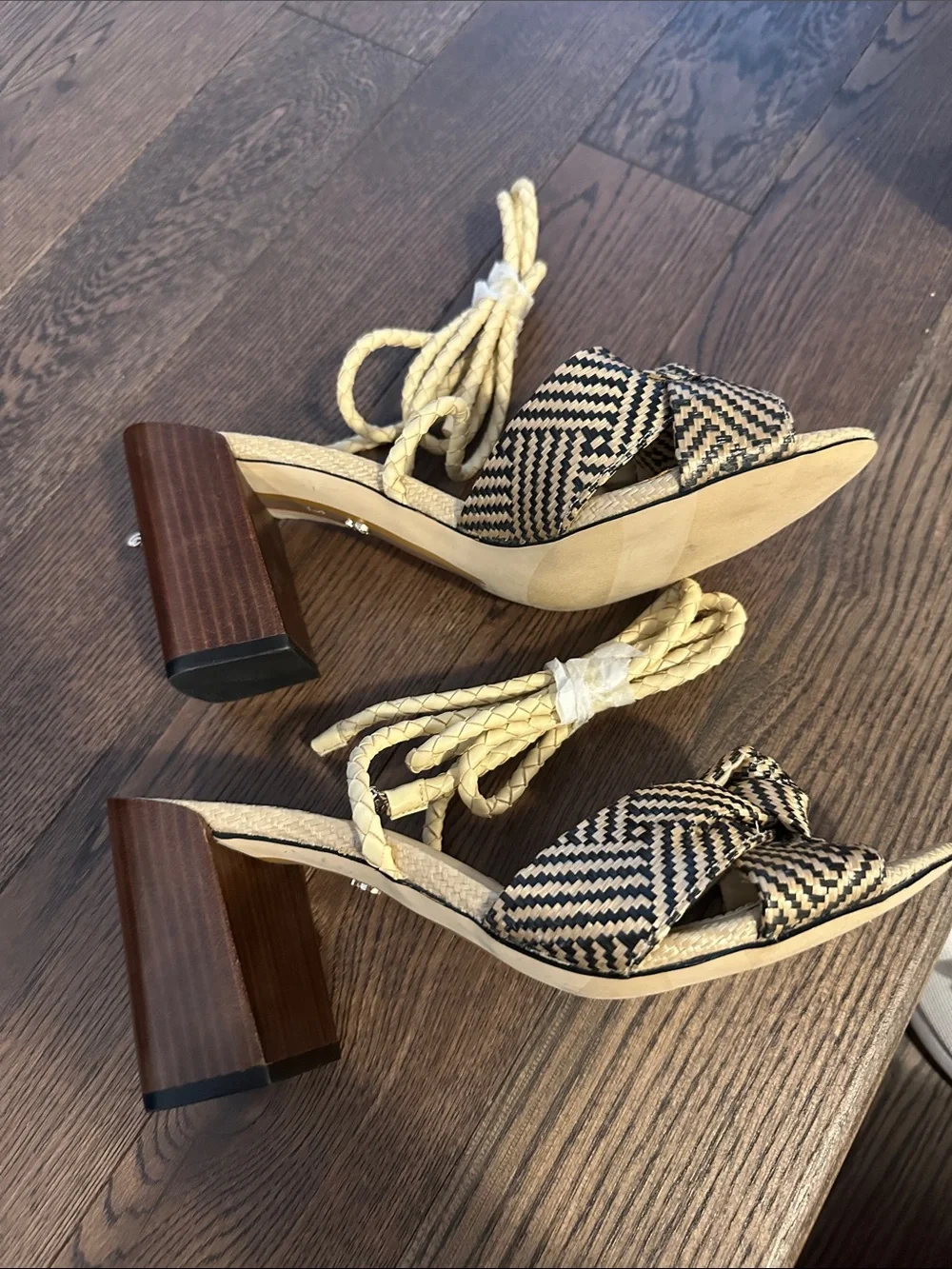 Sam Edelman Bodhi Braided Ankle-Tie Block Heel Sandals in Beige/Black - Picture 11 of 12